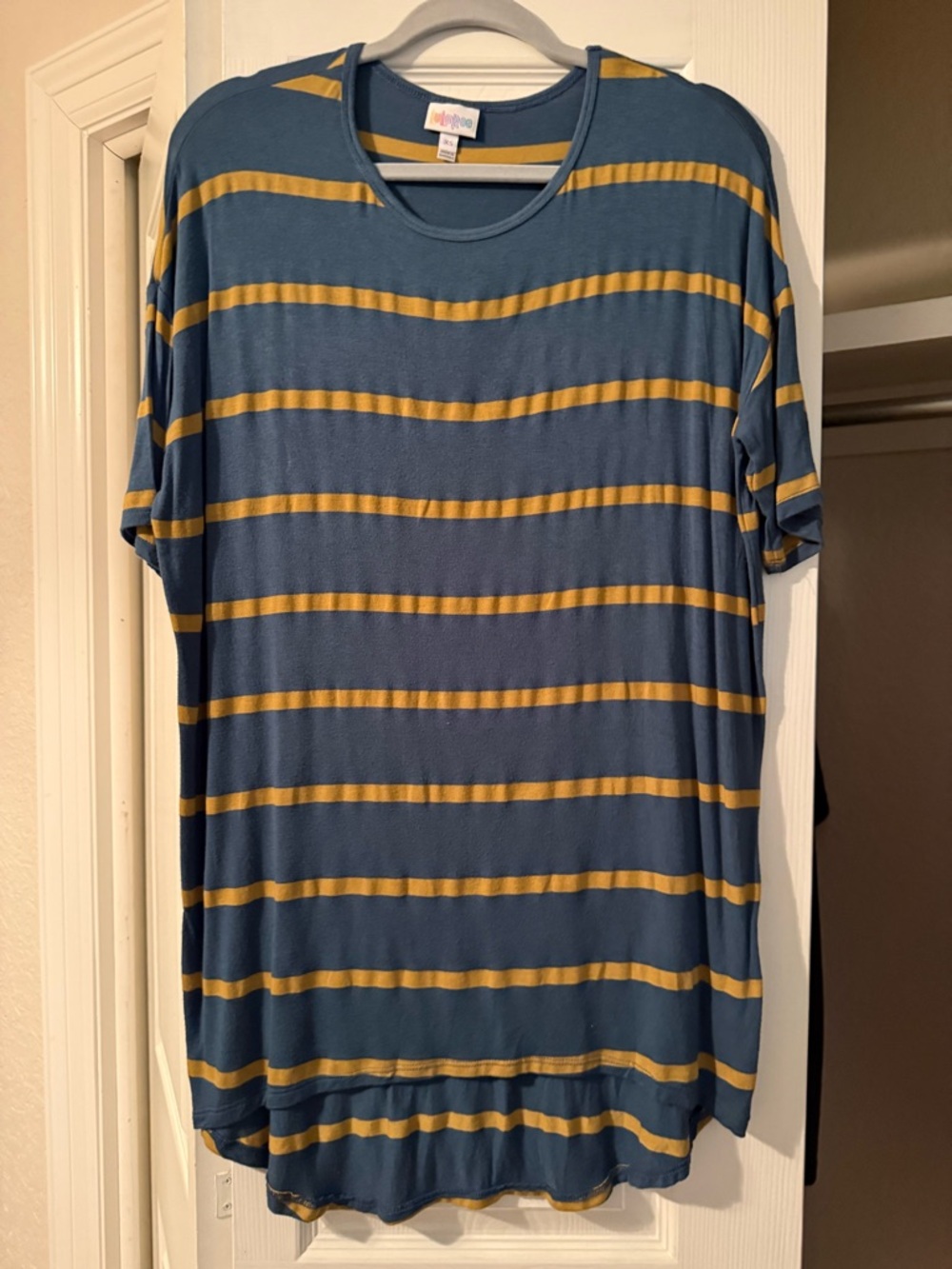 LuLaRoe Teal and Mustard Striped Irma Tunic